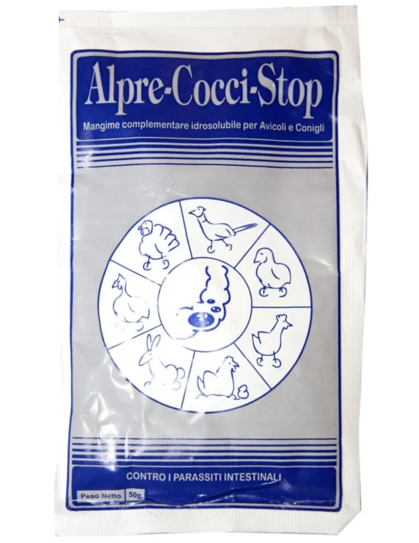 alpre cocci-stop polvere busta 50gr mangime complementare per avicoli e conigli contro i parassiti intestinali int8034