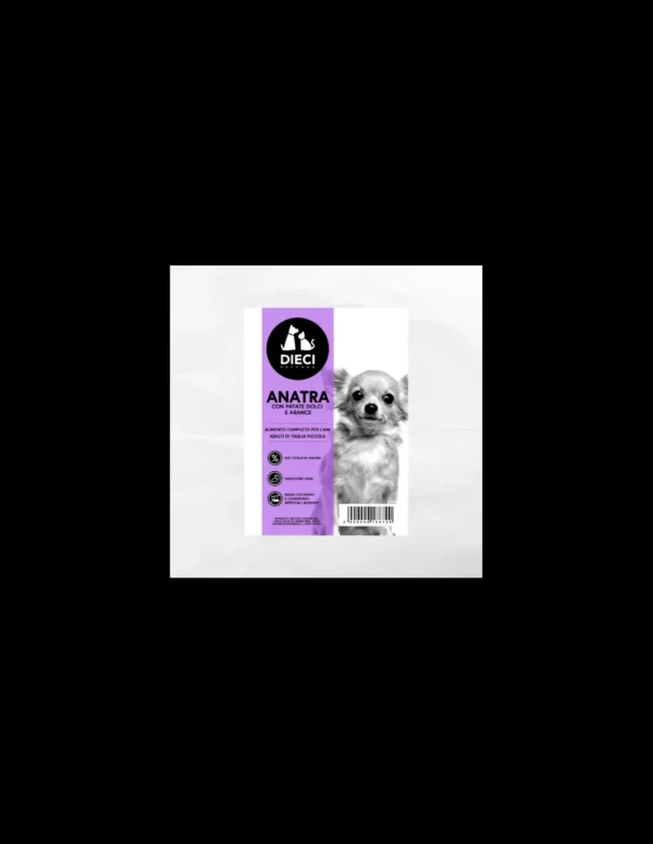 dieci dog 2kg grain free adult taglia piccola anatra con patate dolci e arance