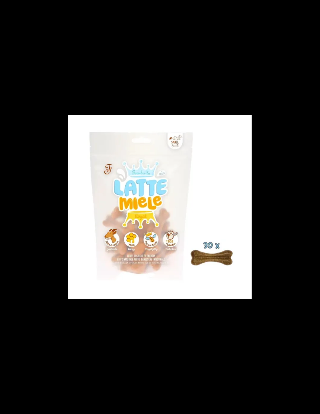 ferrib_snack_dog_lattemie_0.webp ferrib snack dog lattemiele small 30 pz 270gr con latte di capra-miele-pappa reale-prebiotici