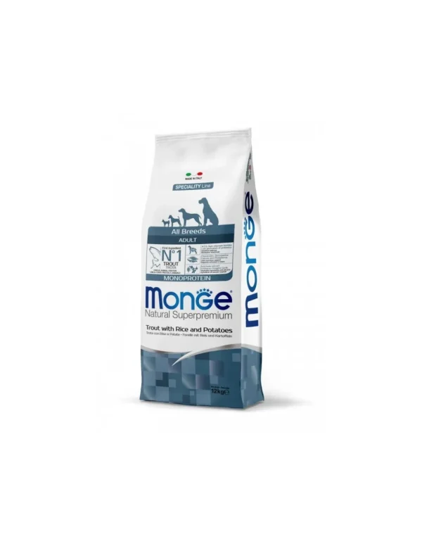 monge dog 12kg puppy&junior all breeds speciality line monoprotein trota riso e patate