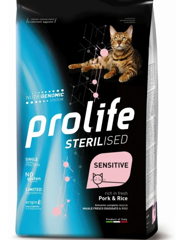prolife cat sterilised adult 7kg sensitive pork&rice zpd.35850