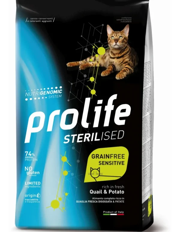 prolife cat sterilised adult 7kg sensitive grain free quail&potato zpd.35973
