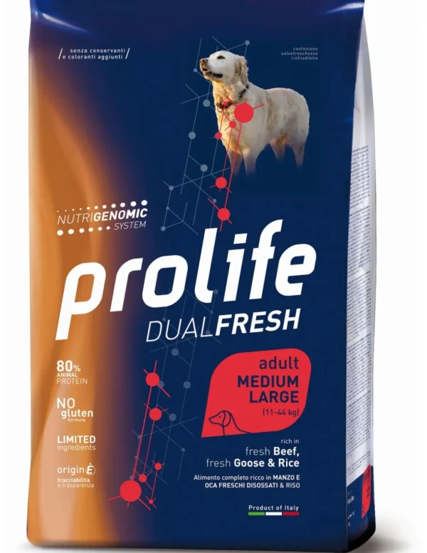 prolife dog dual fresh adult medium/large 12kg beef/goose&rice zpd.34815