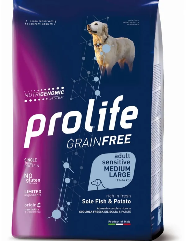 prolife dog grain free adult sensitive medium large 10kg sole fish&potato zpd.35515