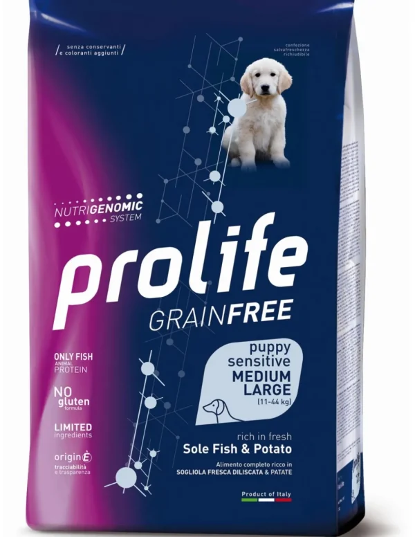 prolife dog grain free puppy sensitive medium large 10kg sole fish&potato zpd.35317
