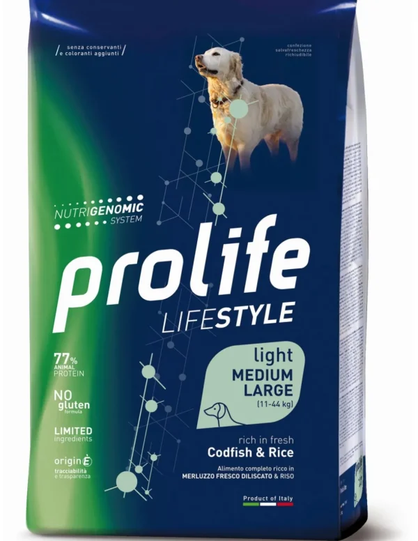 prolife dog lifestyle adult medium/large 12kg codfish&rice zpd.35065