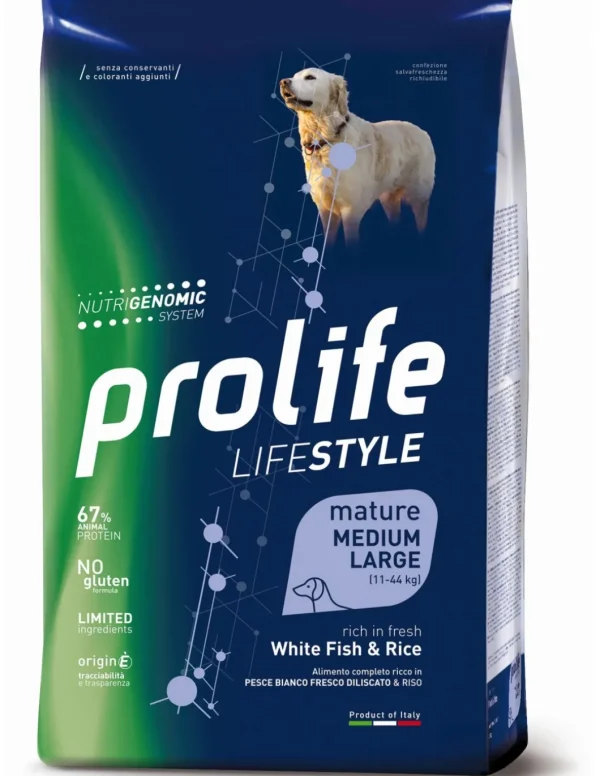 prolife dog lifestyle mature medium large 12kg white fish&rice zpd.35119