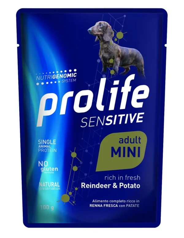 prolife dog sensitive adult mini busta 100gr reindeer&potato zpu.39674