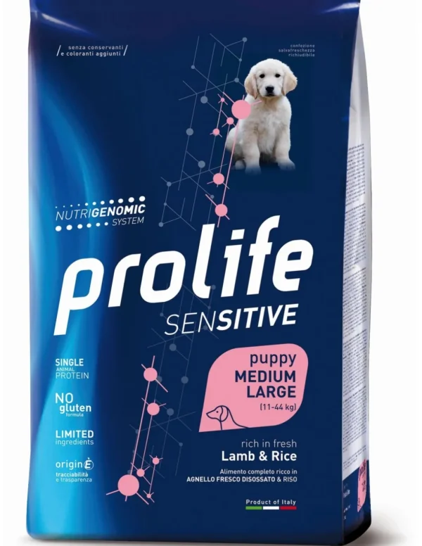 prolife dog sensitive puppy medium large 10kg lamb&rice zpd.35164