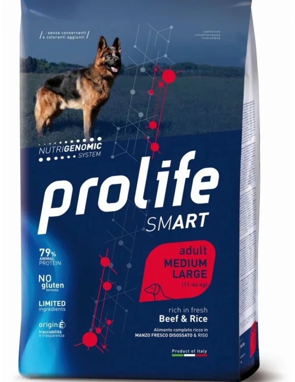 prolife dog smart adult medium large 12kg beef&rice zpd.34754