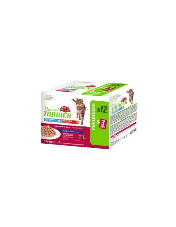 trainer natural cat adult multipack 9+3 gratis 12x85gr tonno e manzo