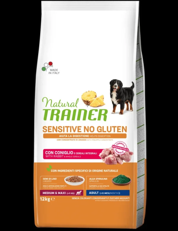 trainer natural sensitive plus dog 12kg adult med/maxi coniglio