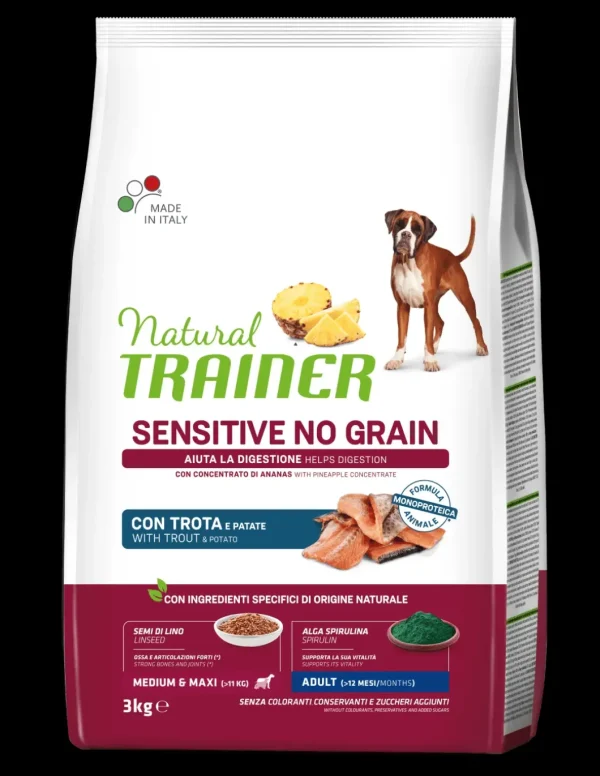 trainer natural sensitive no grain dog 3kg ad med/maxi con trota e patate