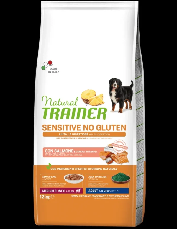 trainer natural sensitive dog 12kg adult med/maxi salmone e cereali