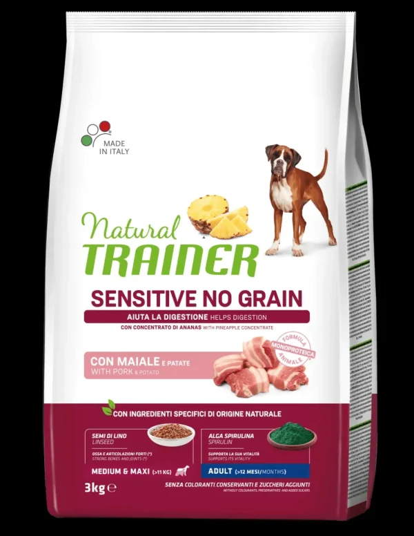trainer natural sensitive no grain dog 3kg ad med/maxi con maiale e patate